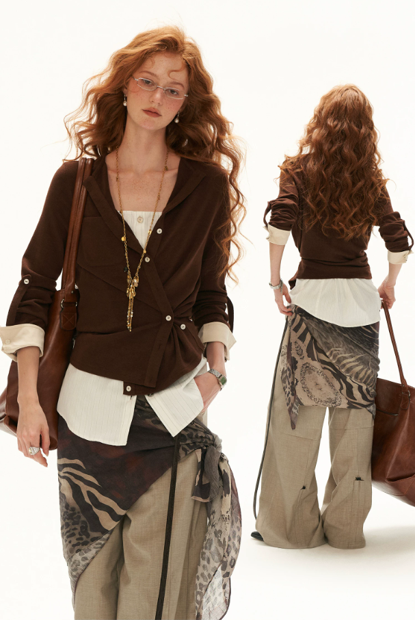MAMC - Textured Wrap-Front Henley Waist-Defined Cardigan Top (Red / Brown)