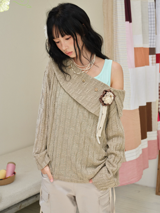 DAILY ARTIST - Brown Cable-Knit Sweater & Mint Green Tank Set