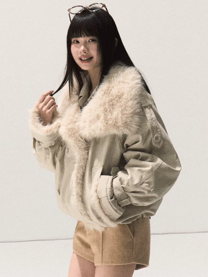 OAKMOO/ Silver Snowgrass White Faux Fur Collar Cropped Parka Jacket