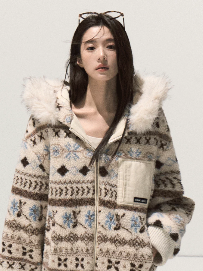 OAKMOO/ Warm Ivory Fair Isle Jacquard Hooded Jacket with Detachable Faux Fur Collar