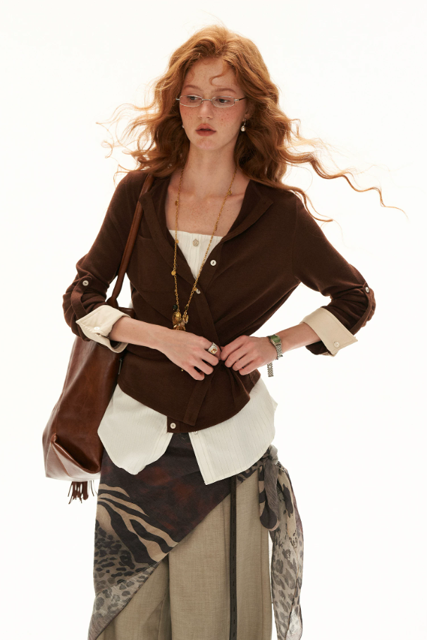 MAMC - Textured Wrap-Front Henley Waist-Defined Cardigan Top (Red / Brown)