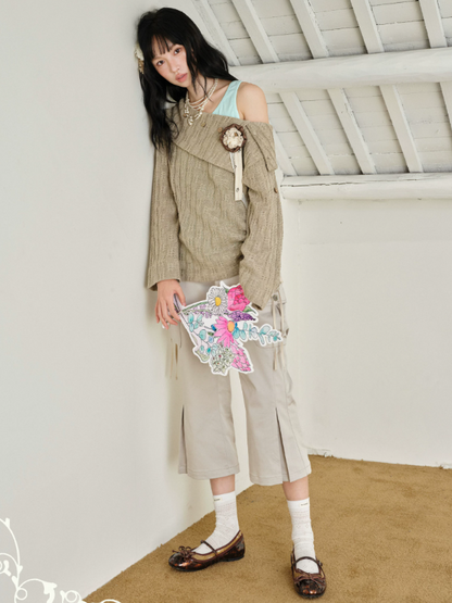 DAILY ARTIST - Brown Cable-Knit Sweater & Mint Green Tank Set