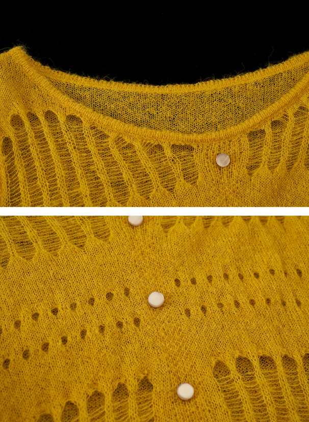 MAMC - Wide-Neck Cutout Cropped Knit Cardigan (Black / Yellow / Beige / Plaid Bra)