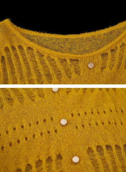 MAMC - Wide-Neck Cutout Cropped Knit Cardigan (Black / Yellow / Beige / Plaid Bra)