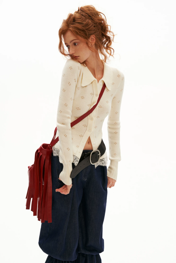 MAMC - Lace Muse Fitted Knit Cardigan (Gray / Ivory)