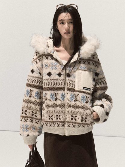 OAKMOO/ Warm Ivory Fair Isle Jacquard Hooded Jacket with Detachable Faux Fur Collar