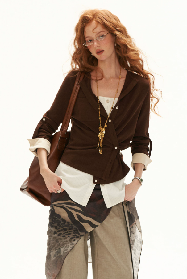 MAMC - Textured Wrap-Front Henley Waist-Defined Cardigan Top (Red / Brown)