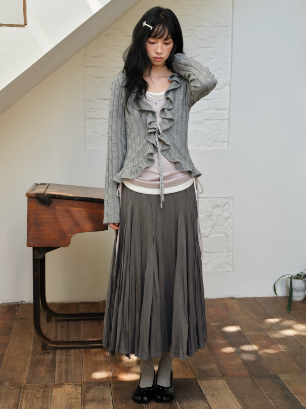 DAILY ARTIST - Gray Ruffle-Trim Cardigan & Purple Layered Top Set