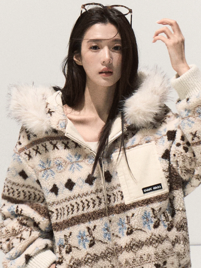 OAKMOO/ Warm Ivory Fair Isle Jacquard Hooded Jacket with Detachable Faux Fur Collar
