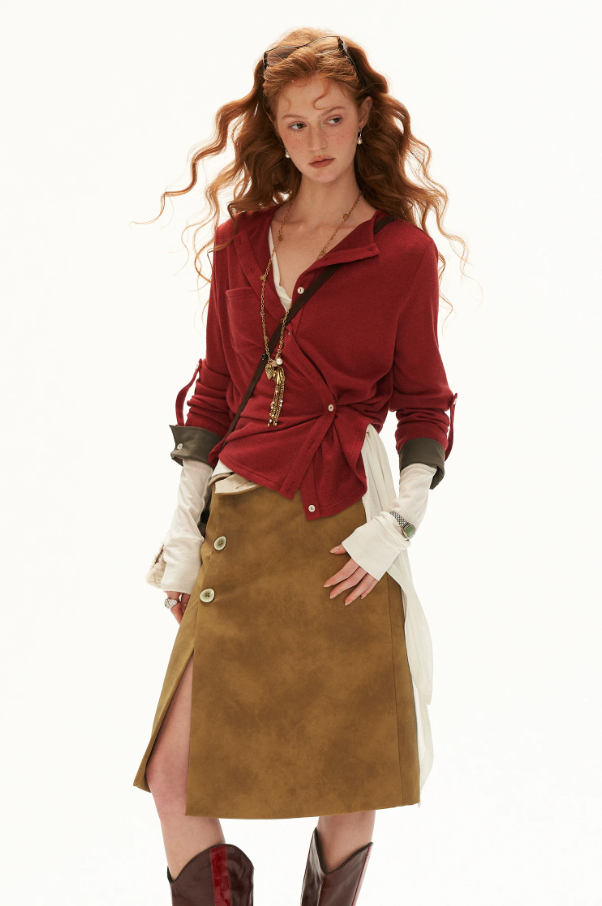 MAMC - Textured Wrap-Front Henley Waist-Defined Cardigan Top (Red / Brown)