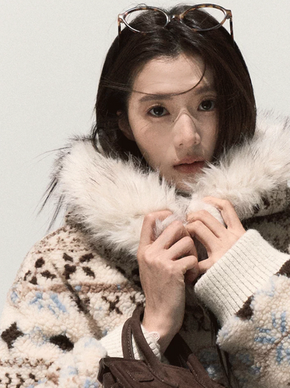 OAKMOO/ Warm Ivory Fair Isle Jacquard Hooded Jacket with Detachable Faux Fur Collar