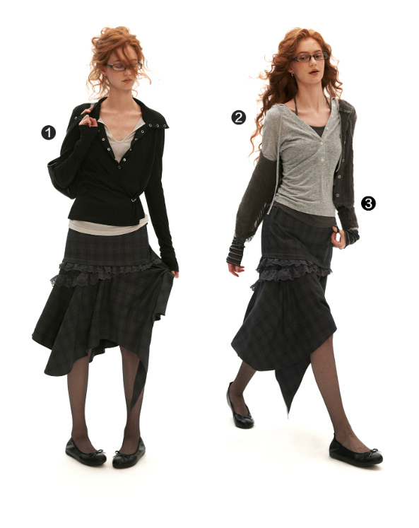 Grey Plaid Asymmetrical Lace Midi Skirt