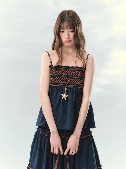 “Bohemian Travel Notes” Navy Beaded Cami & Tiered Maxi Skirt Set