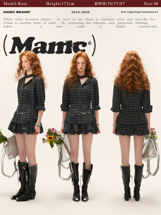 "Retro Prep Mood" Plaid Tie Shirt & Puff Mini Skirt Set WE701