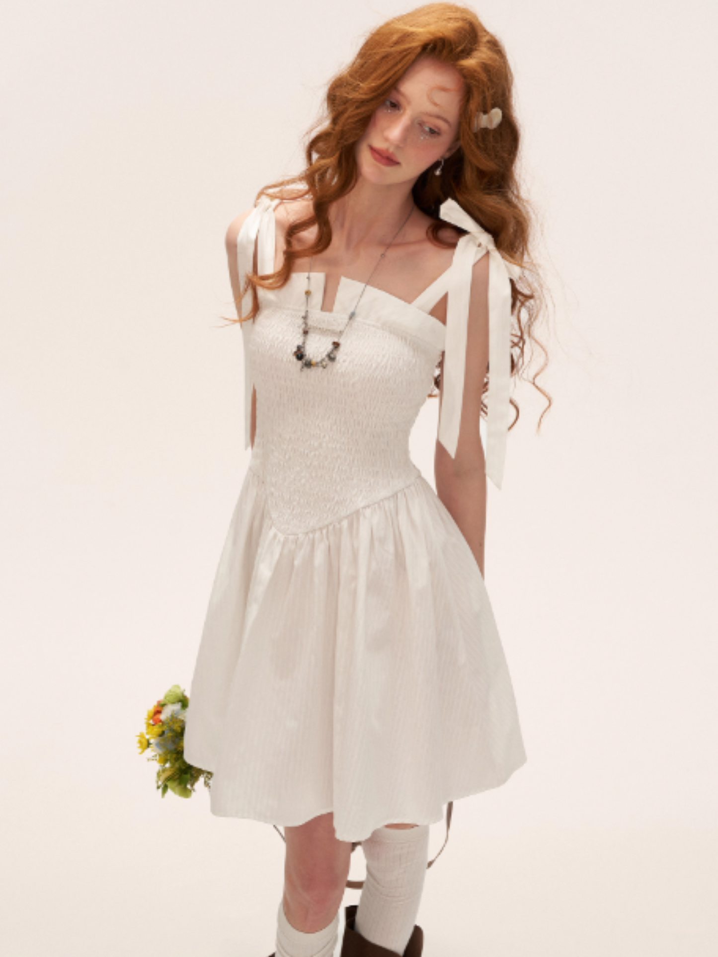French Bow Tie Strap Smocked Dress WE852 (Classic White)
