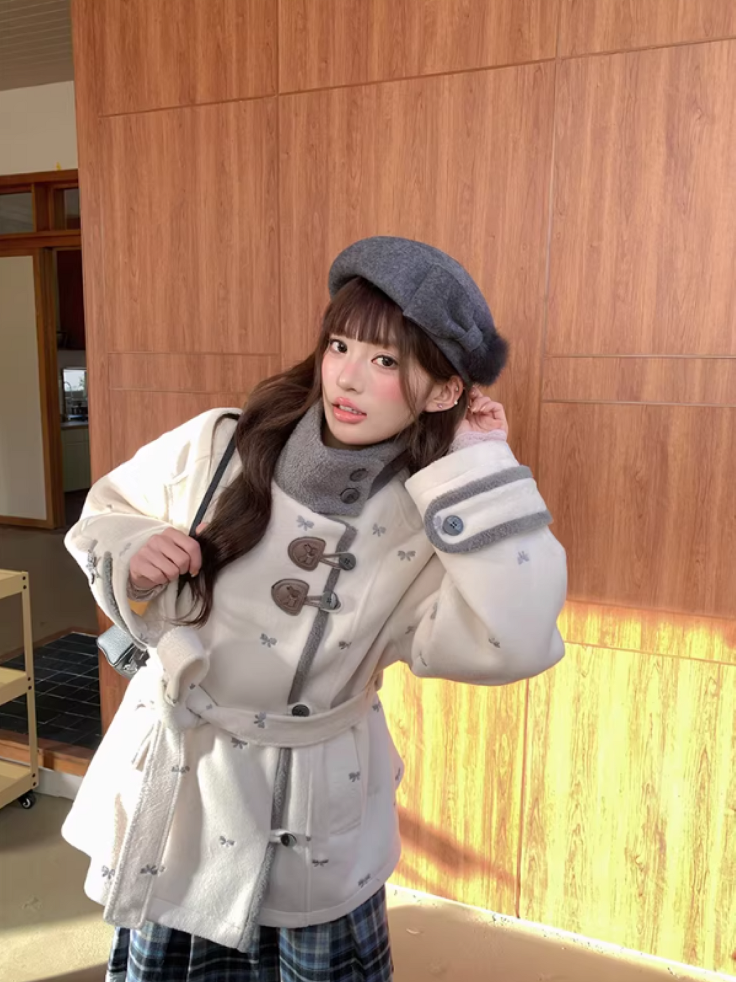 阮阮自制 - "Fog Whisper" Bow Embroidered Wool-Blend Padded Coat
