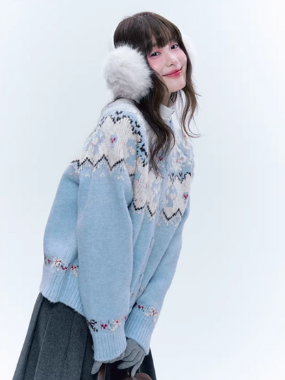 CREAMO2奶油氧气 - Soft Blue Fair Isle Raglan Knit Sweater