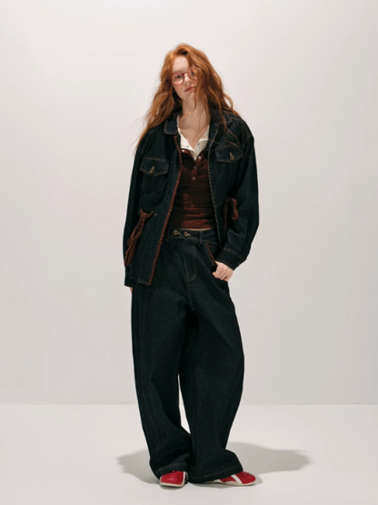 "荒野造势" Western-Inspired Suede-Panel Denim Jacket & Pants Set