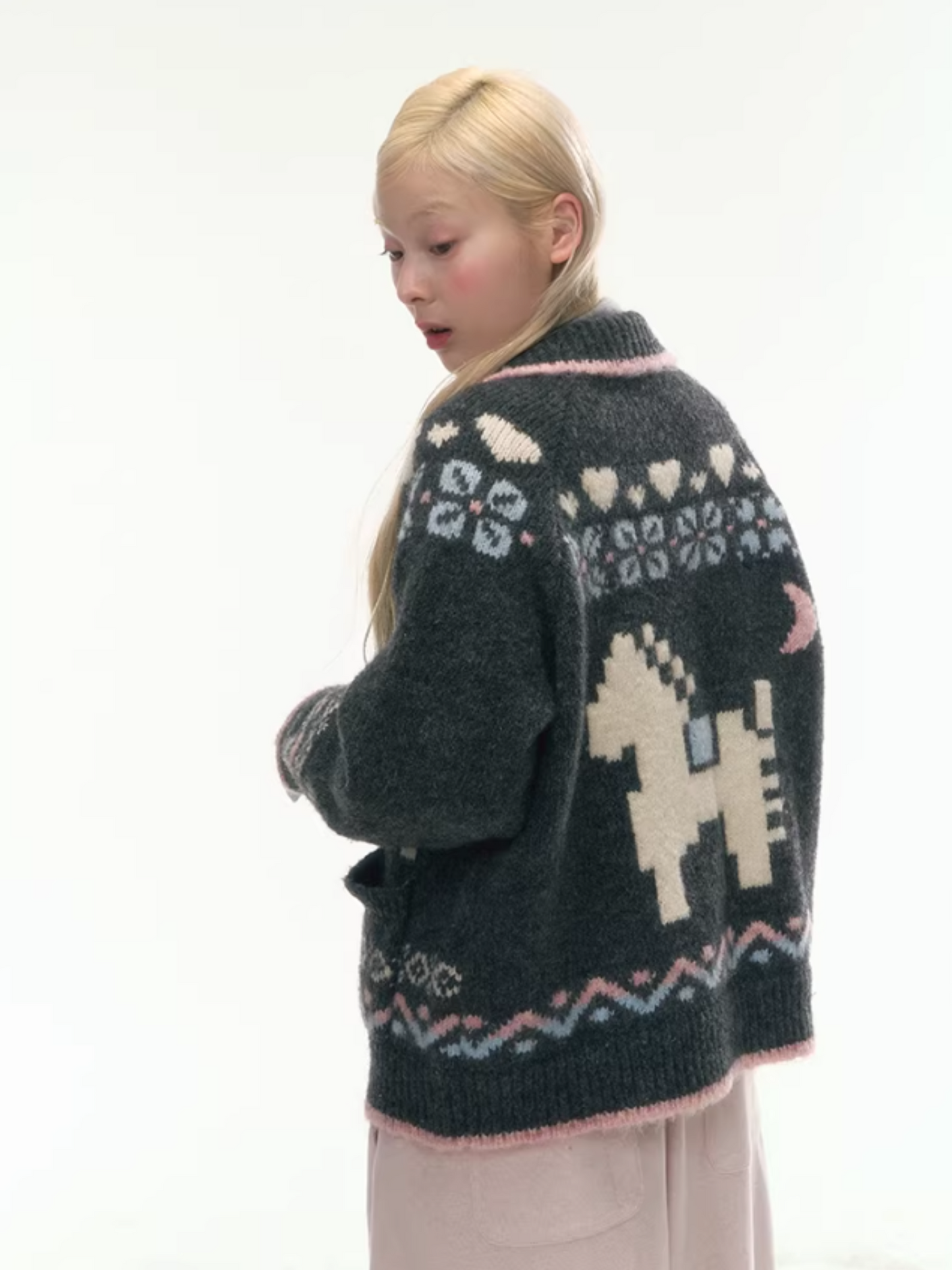 "Nordic Fairytale" Charcoal Pony Zip-Up Knit Cardigan WW2025449