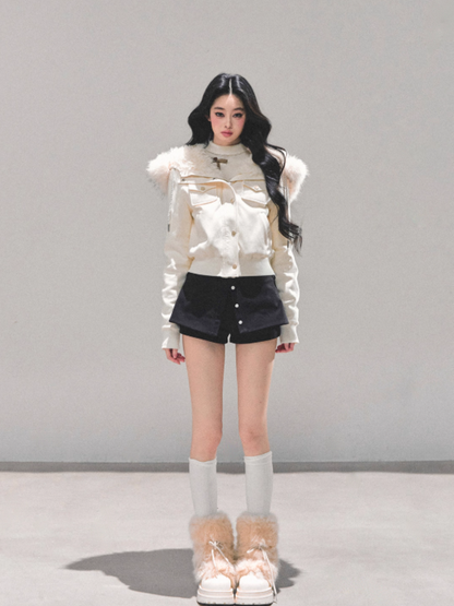 少也眼 “Snowvel Embrace” Hooded Sherpa Jacket - Cream White 874351