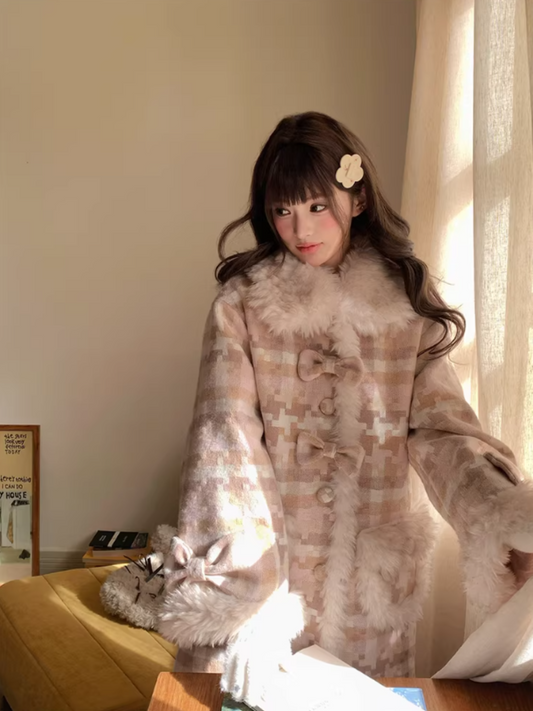 阮阮自制 - Clara Bow Blush Plaid Wool-Blend Padded Coat