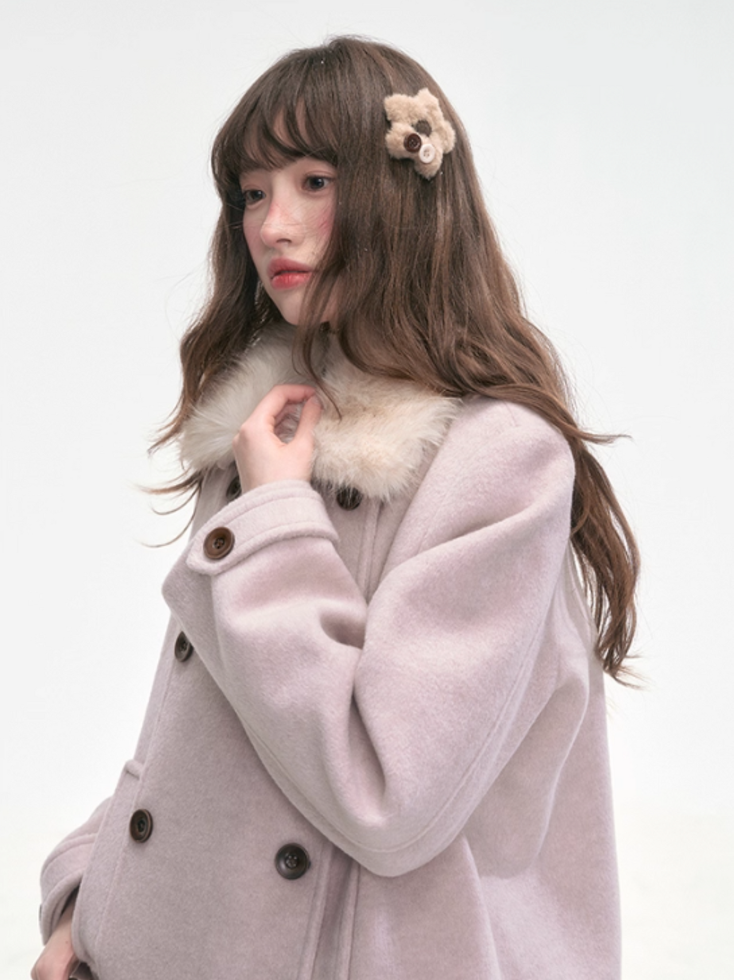 “Pink Letters” Sweet Vintage Double-Breasted Wool-Blend Coat LL2025336