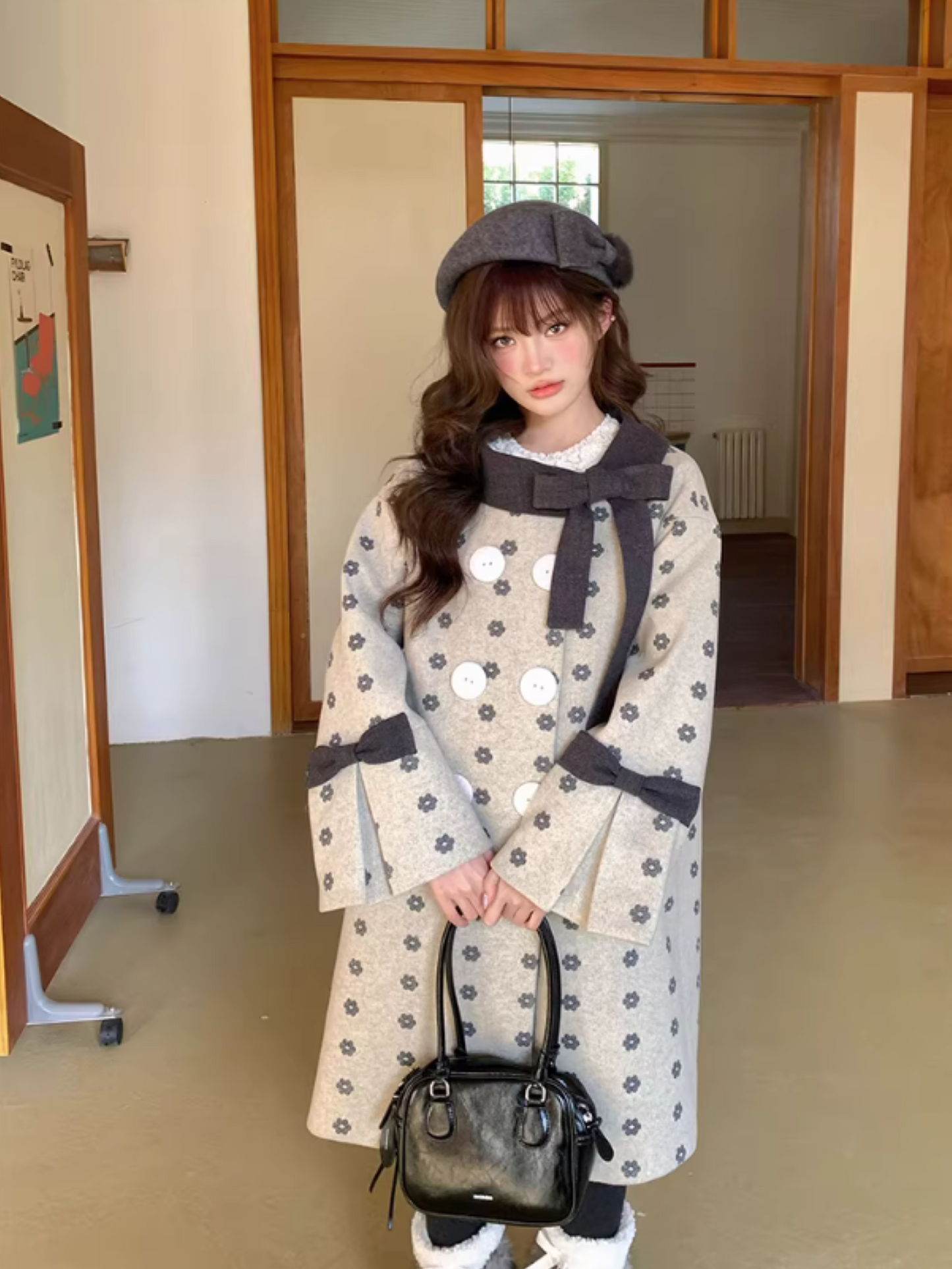阮阮自制 - "Mild Butterfly" Bow-Embroidered Padded Wool-Blend Winter Coat