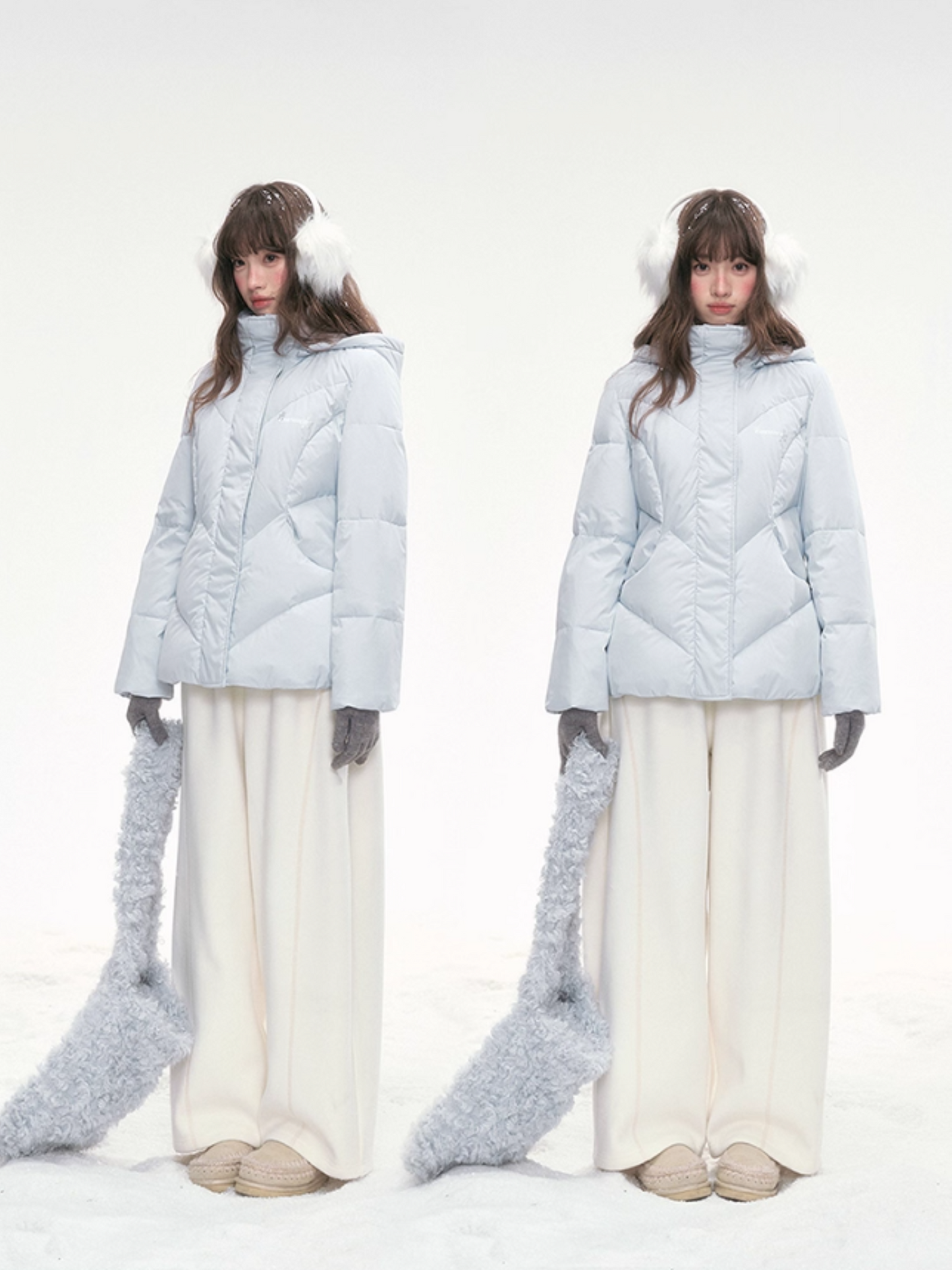 “Snowday Serenade” Powder Blue Waist-Defining Down Jacket LL2025298