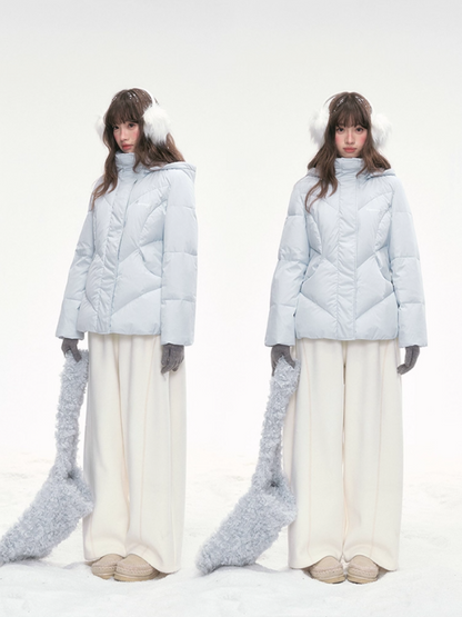 “Snowday Serenade” Powder Blue Waist-Defining Down Jacket LL2025298