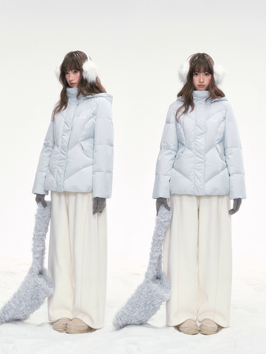 “Snowday Serenade” Powder Blue Waist-Defining Down Jacket LL2025298