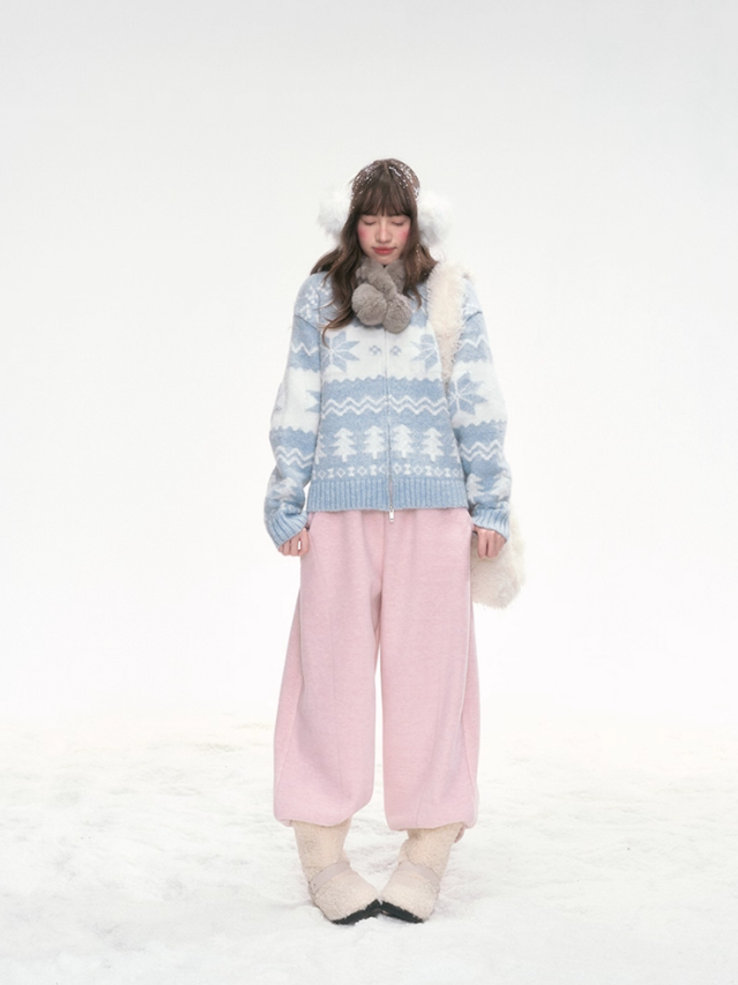 "Frost Whisper" Blue Vintage Contrast Knit Cardigan LL2025305