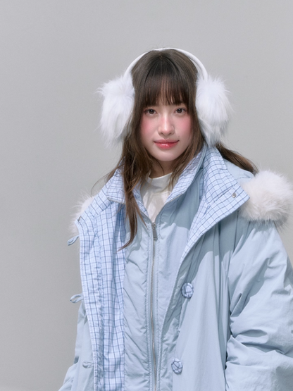"雪境叠影" Faux Two-Piece Blue Down Jacket with 90% Duck Down & Fur Hood