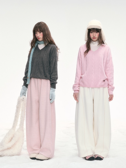 "Winter Bloom" Embroidered Knit Lounge Pants – White & Pink LL2025334