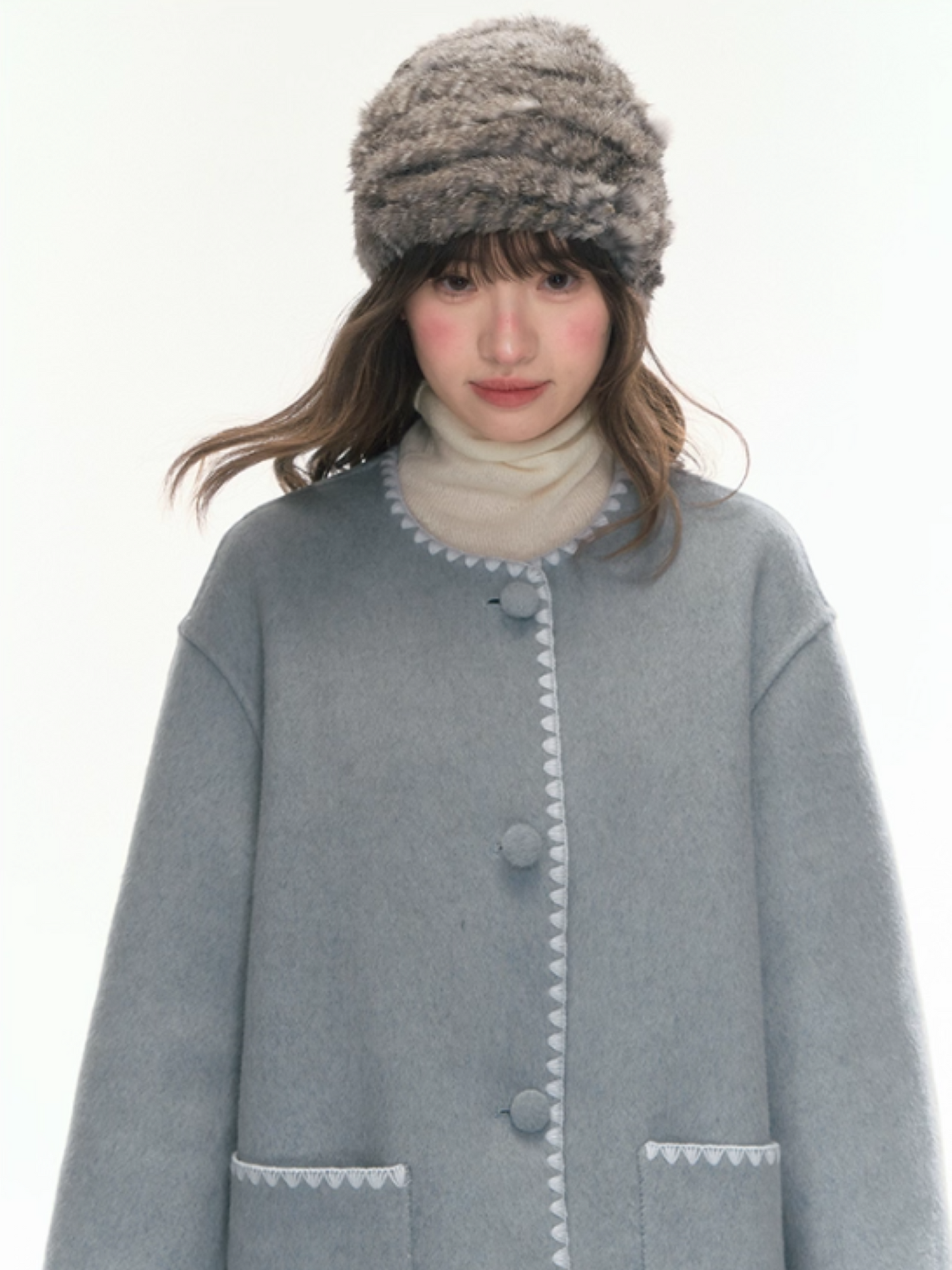 "Morning Verse & Night Poem" Reversible Wool Two-Tone Overcoat - Deep Blue × Light Blue LL2025455