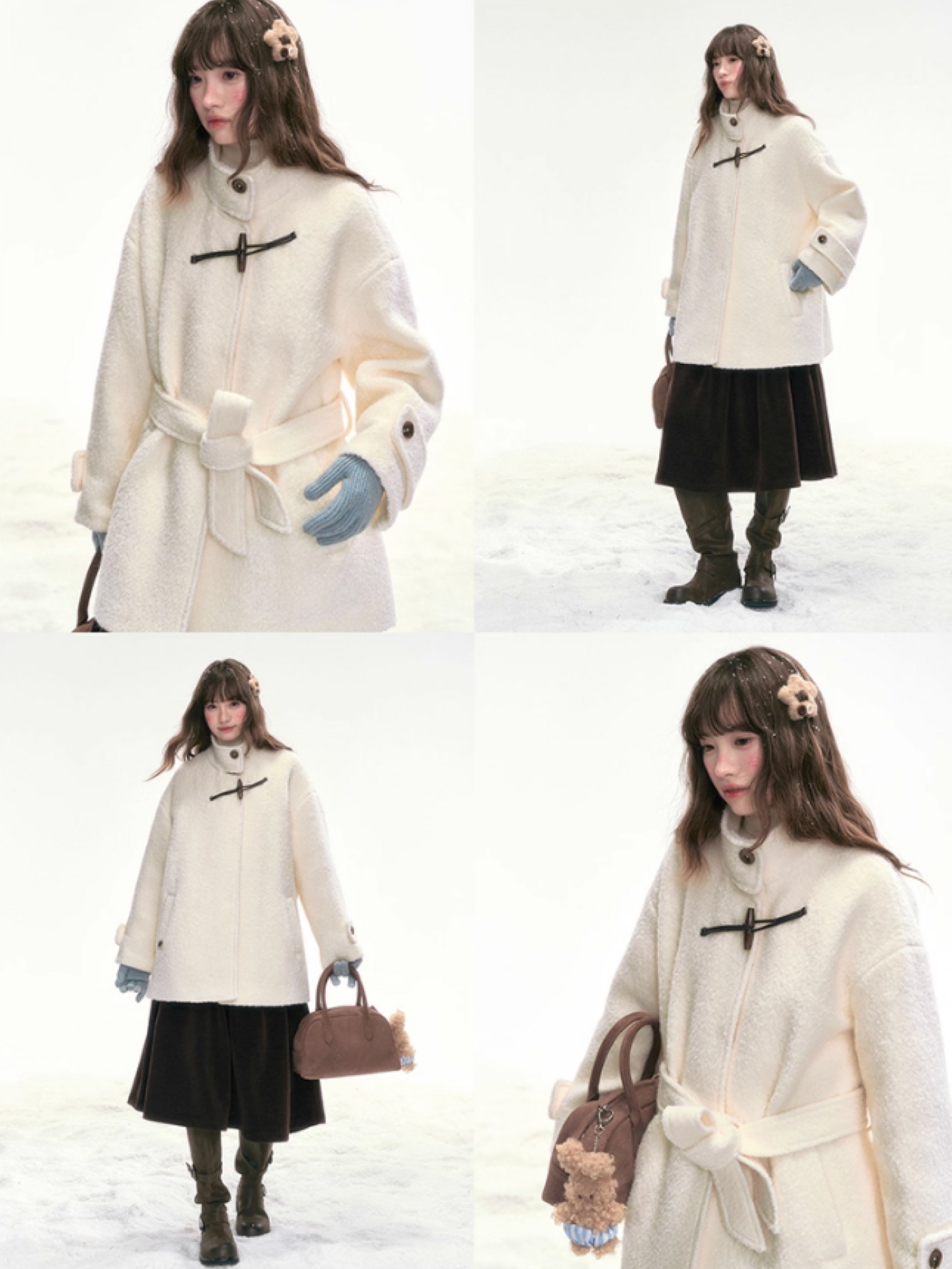 "Warm Latte Glow" Wool Duffle Coat — Belted Bouclé Design SJ2025302