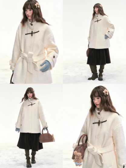 "Warm Latte Glow" Wool Duffle Coat — Belted Bouclé Design SJ2025302