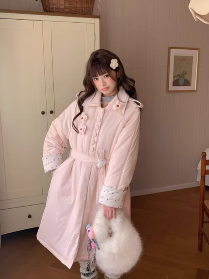 阮阮自制 - Honey Blossom Blush Floral Long Puffer Jacket