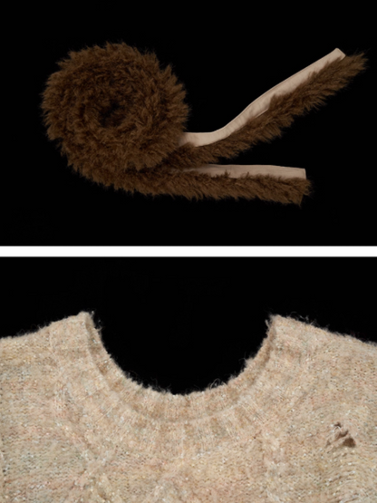 MAMC - Apricot Belted Off-Shoulder Fringe Knit Cardigan WE430