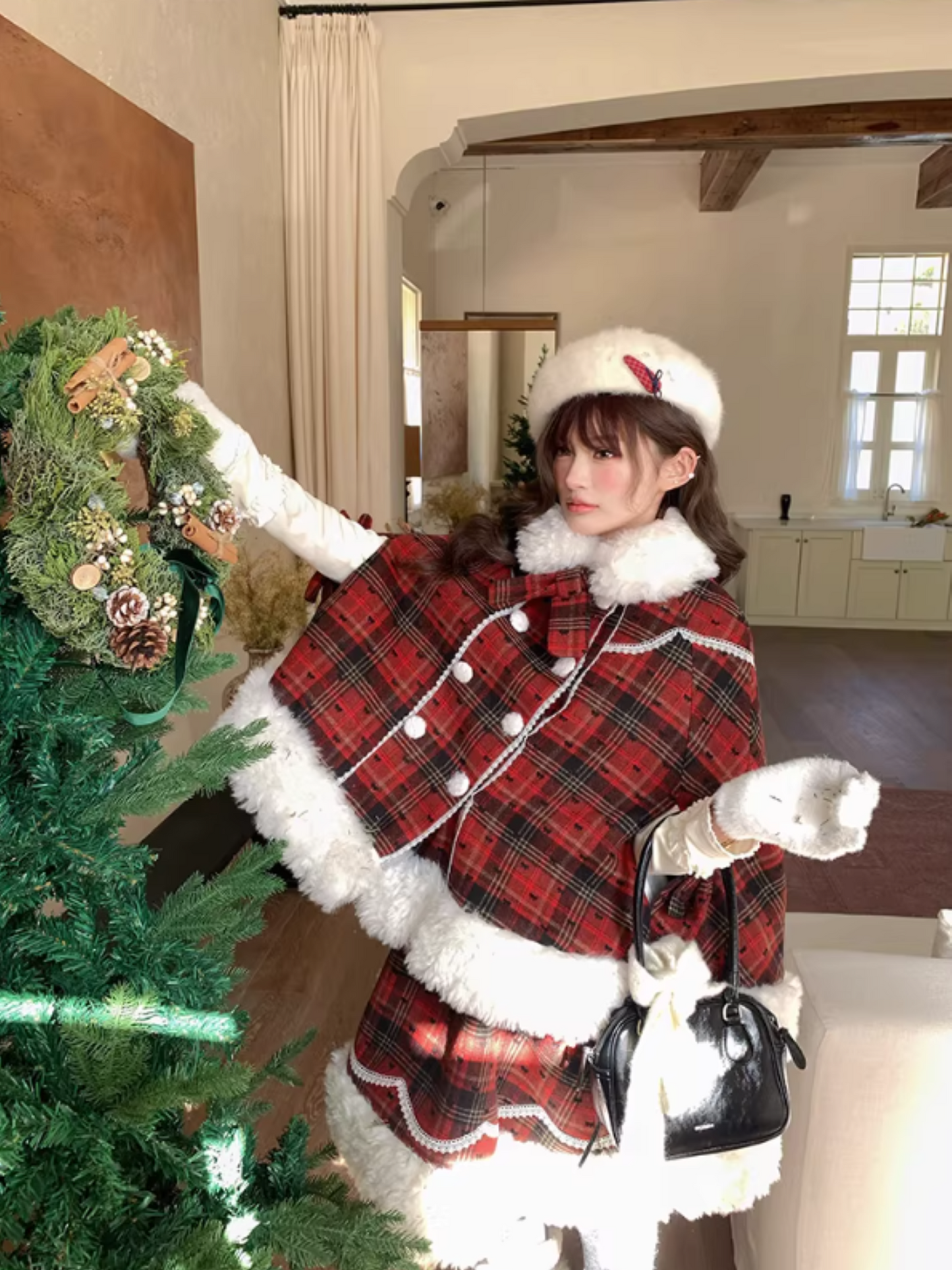 阮阮自制 - "Snowberry Dream" Plaid Cape Wool Blend Two-Piece Winter Set