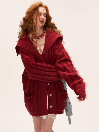 MAMC - Lazy Knit Cardigan with Contrast Stitching (Cabernet Red)