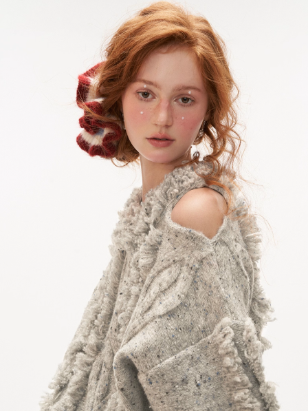 MAMC - Gray Off-Shoulder Fringe Knit Sweater WE264
