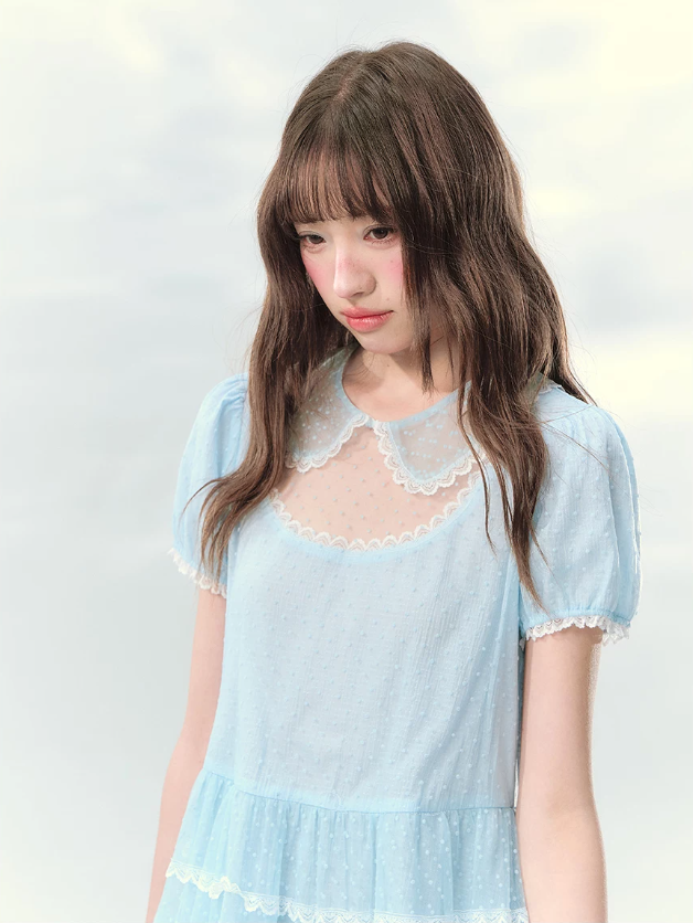 “Ice Blue Polka Dream” Blue Polka Dot Tiered Mini Dress