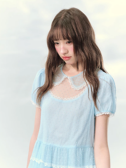 “Ice Blue Polka Dream” Blue Polka Dot Tiered Mini Dress