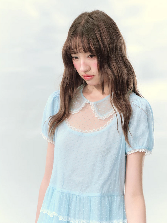 [CAN] “Ice Blue Polka Dream” Blue Polka Dot Tiered Mini Dress