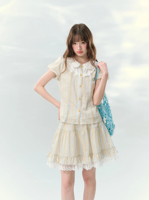 “Spring Lemon Breeze” Milk Blue Striped Shirt & Tiered Mini Skirt Set