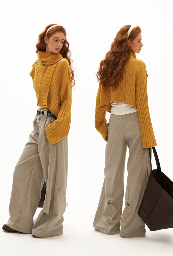 MAMC - Soft Recycled Airy Knit Cross-Neck Sweater (Red / Yellow / Ivory)