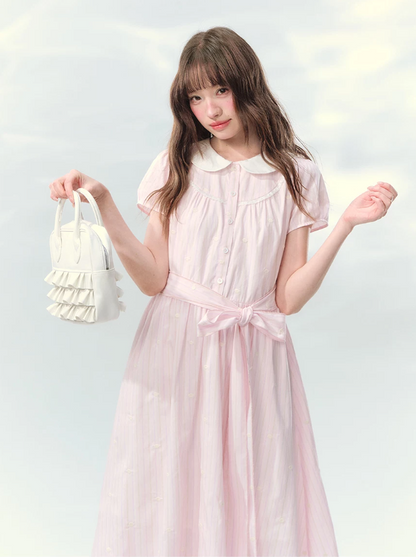 “Pink Mist Soufflé” Blush Pink Embroidered Doll Collar Dress