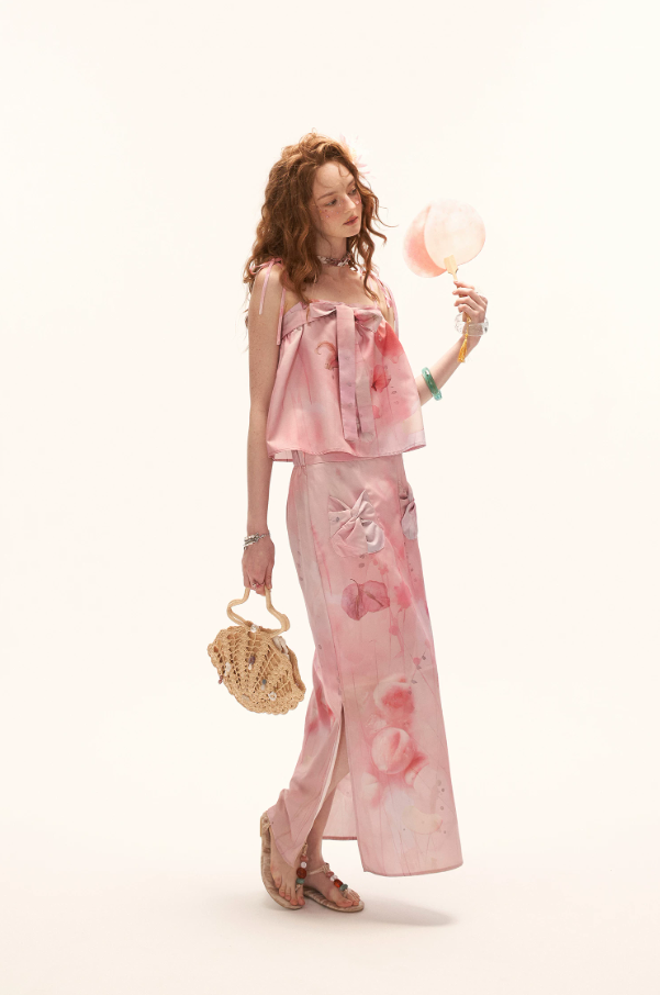 MAMC - "Peach Bloom Mood" Bow Cami & Midi Skirt Set WE906