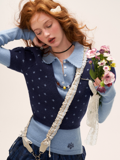 MAMC - Vintage Crochet V-Neck Puff Sleeve Sweater WE837 - BLUE