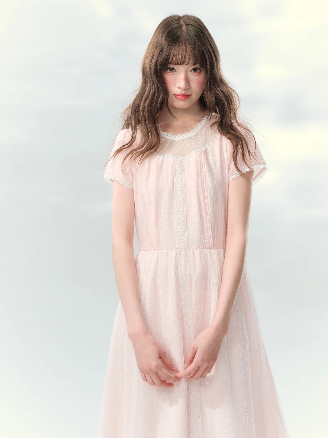“Peach Bubble Romance” Pink Polka Dot Lace Midi Dress